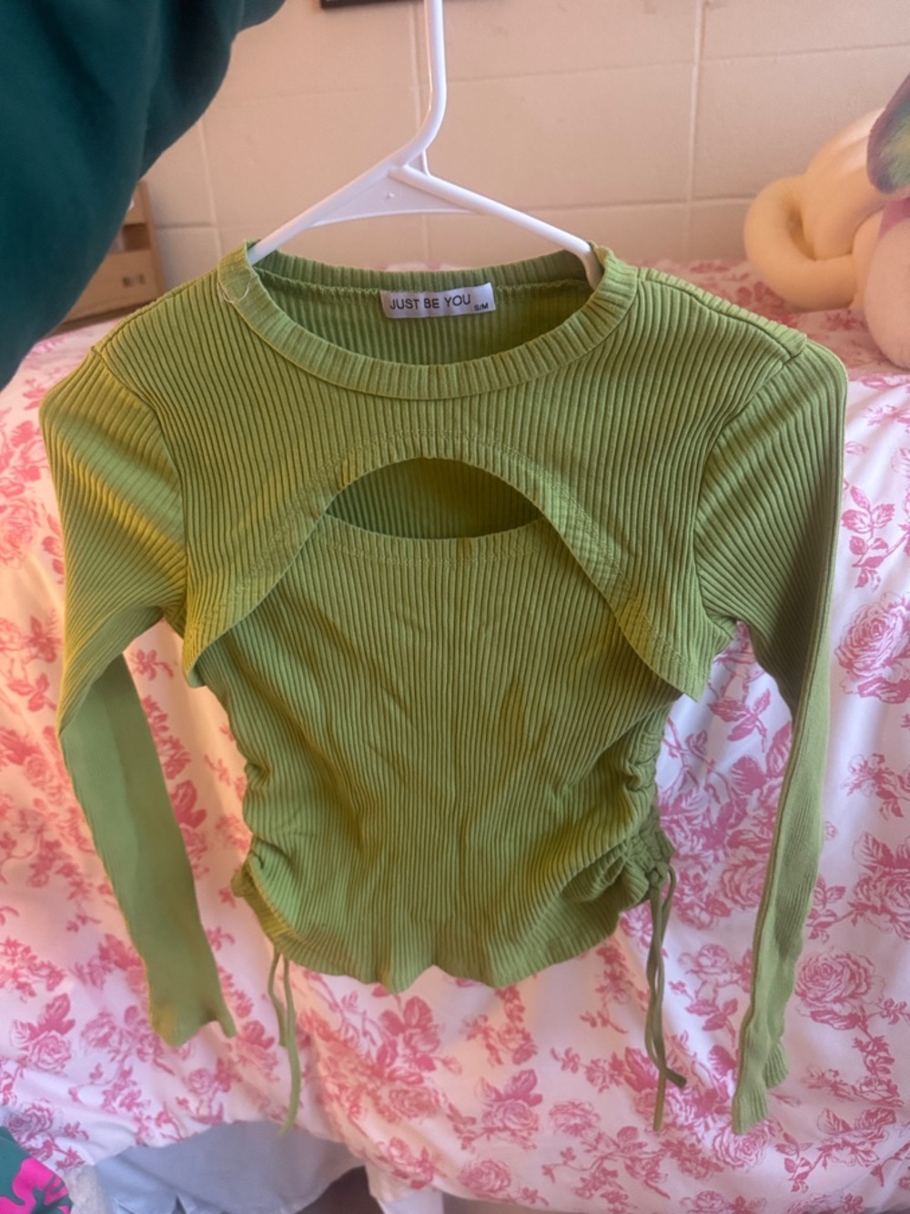 just be Light Green Ribbed Cutout Top